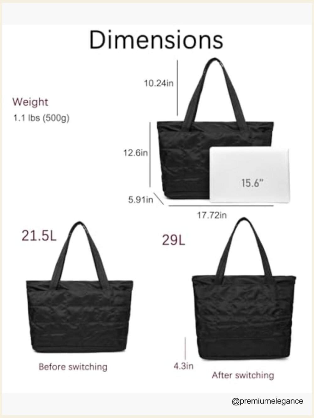 Lightweight Quilted Tote Bag Expandable Shoulder Bag with Zipper for Work - Picture 3 of 7